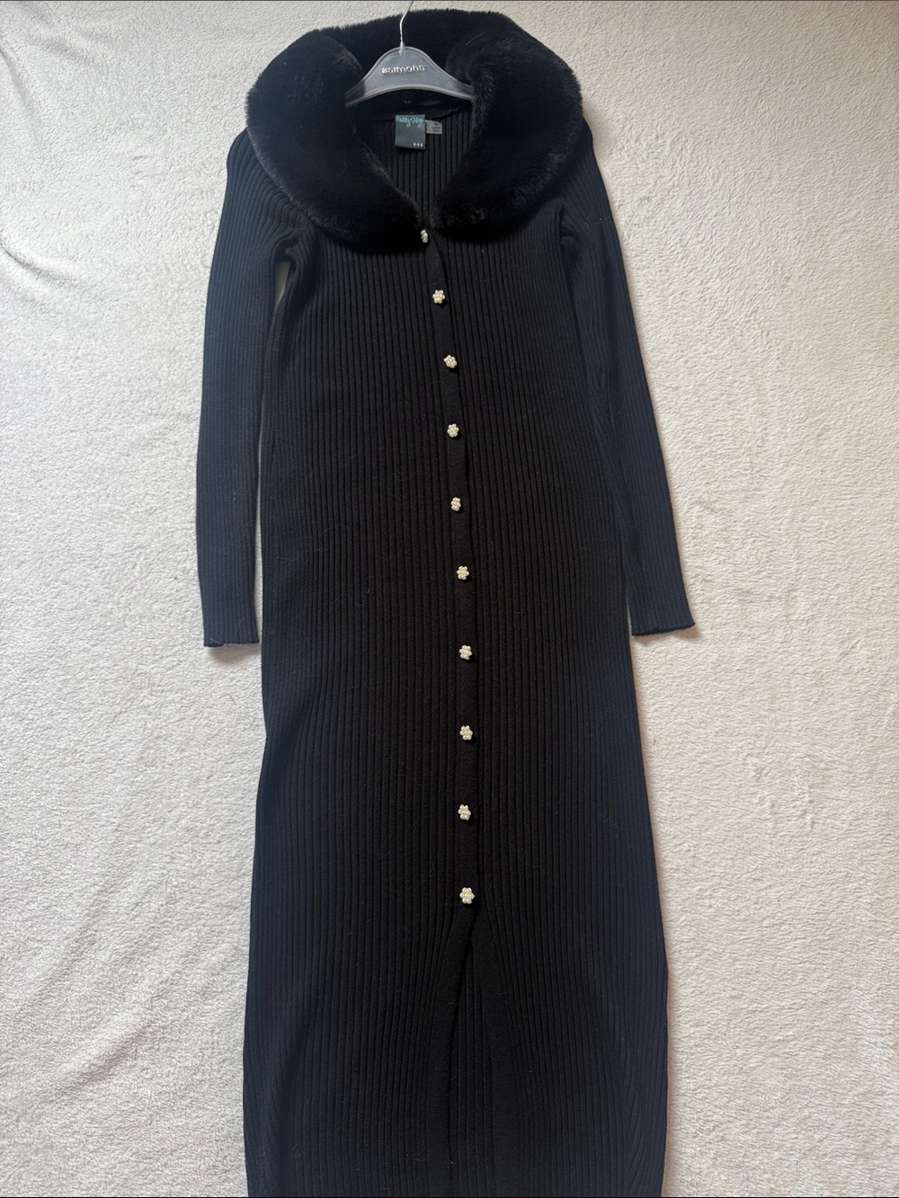 Black Ribbed Long Sleeve Knit Dress with Faux Fur Collar